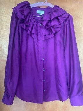 J. Crew Collection, ruffle neck, silk, fuscia, long-sleeve blouse.